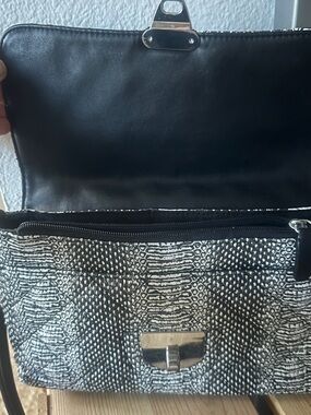 Calvin Klein Black and White Croc-Embossed Shoulder Bag with Silver Turn-Lock